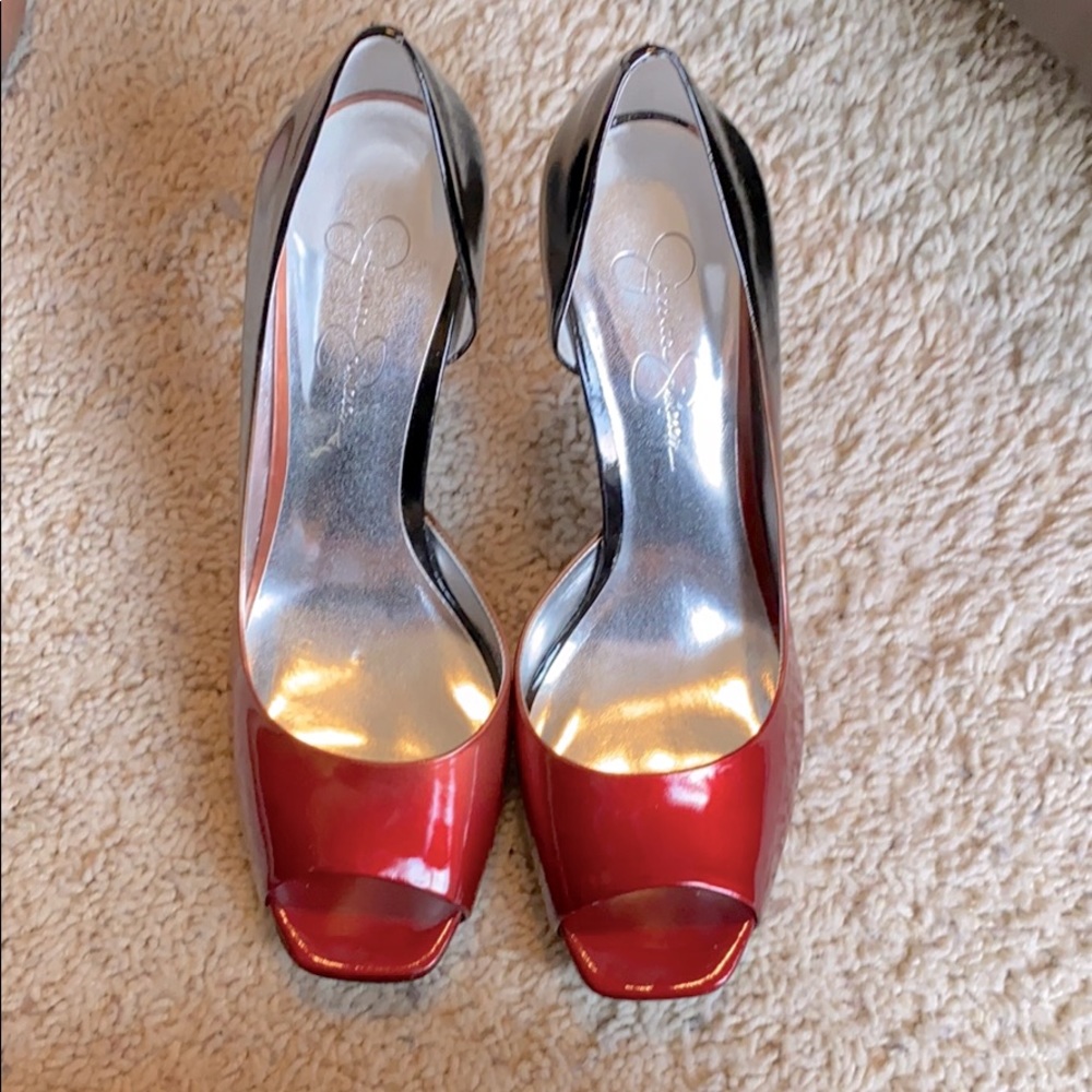 Jessica Simpson red and black open toe heels